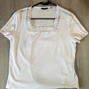 Chico's White Short Sleeve Top with Decorative Neckline
